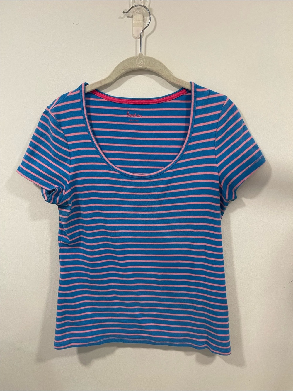 Boden Blue and Pink Striped Scoop Neck Tee